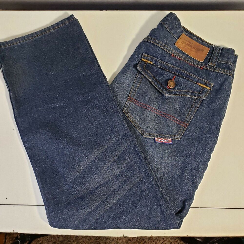 1688 Revolution jeans 32/30 straight leg distressed colored stitching‎